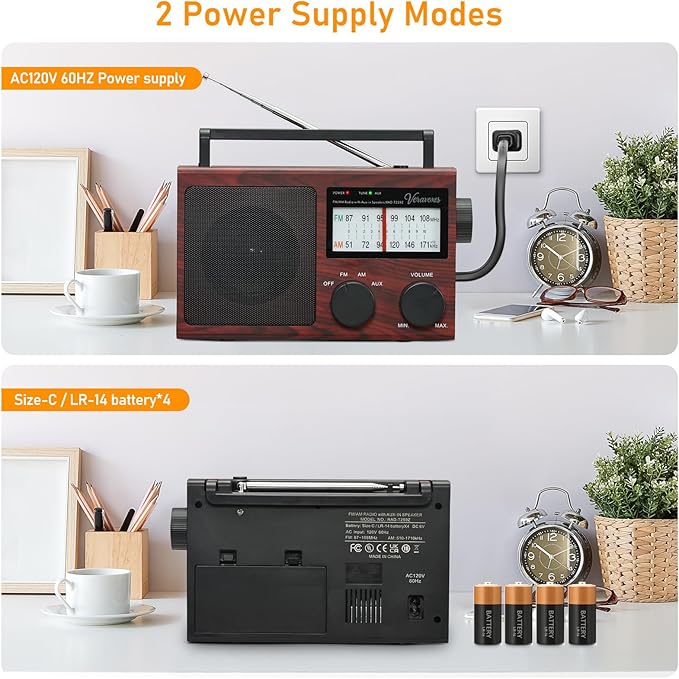 Portable AM/FM Radio with Bass Control, Equipped with a Built-in high-Power Speaker, Headphone Jack, and AUX Audio Input, Supports Battery or AC Power Operation (Red Oak Wood Grain)
