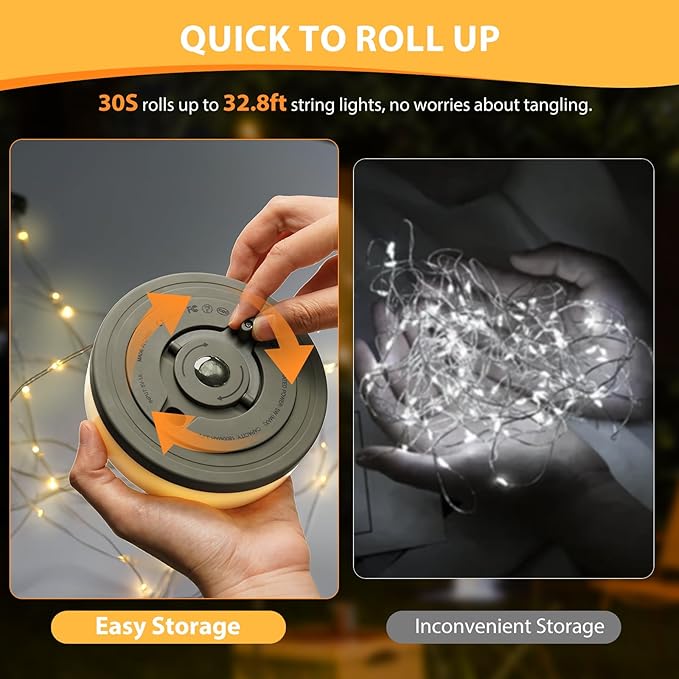 2Pack Camping String Lights, 4 in 1 Quick Storage Camping Essentials Gear 32.8FT Rechargeable Tent Lights with 6 Modes Hanging Waterproof LED Camp Lamp for Camping Hiking Patio Festival- Warm White