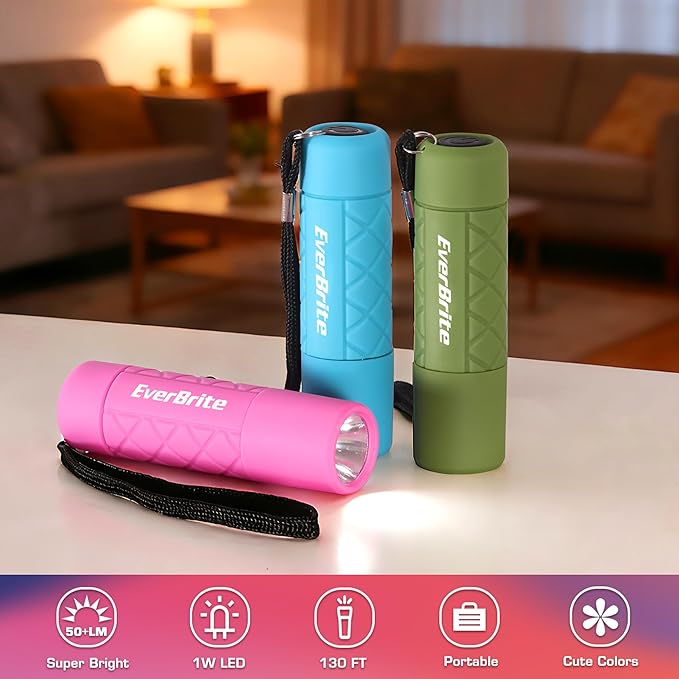 EverBrite Mini Flashlight 3-Pack, Small Flash Lights 9 AAA Batteries Included, Pink/Green/Blue LED Flashlights with Lanyard for Camping/Emergencies, Christmas Gifts