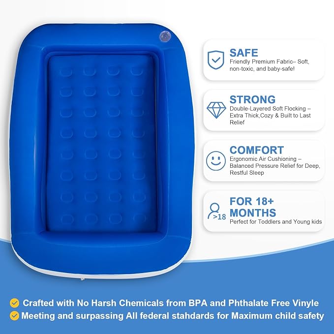 Inflatable Toddler Travel Bed – Portable Toddler Bed with Safety Bumpers, Toddler Floor Bed for Travel, Camping, Sleepovers – Kids Blow Up Bed with Pump & Carry Bag