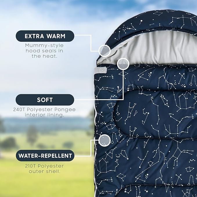 Wake In Cloud - Kids Sleeping Bag for Boys Toddlers, Camping in Warm Cold Weather, Backpacking Lightweight Compact Outdoor Liner for 3 Seasons, Constellation Galaxy