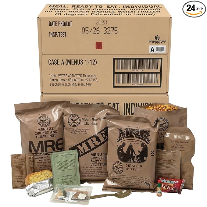 MRE Meals Ready to Eat – A & B Case Bundle / 24 packs - Military Survival Food Kit for Camping, Hiking, Hunting, Fishing, Outdoor Adventure & Emergency Preparedness – Complete Meal Rations with Flameless Heater, Long Shelf Life (Inspection Date 2026)