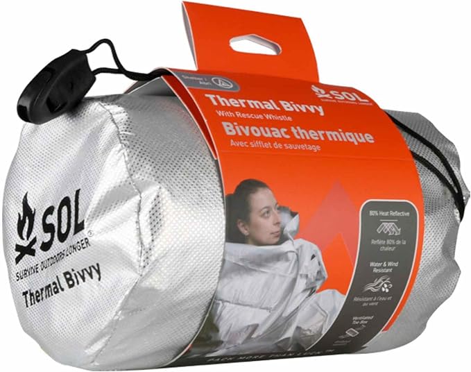 S.O.L. Survive Outdoors Longer SOL Thermal Bivvy w/Rescue Whistle - Reflects up to 80% Body Heat - Waterproof Emergency Blanket for Survival Gear - Silver