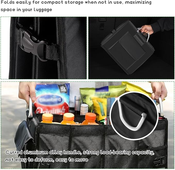 Trunk Organizer with Lid, 28L Collapsible 2-Compartment Car Storage Box with Reinforced Handles, Multipurpose Waterproof Oxford Storage Organizer for SUVs Sedans Trucks (Black)