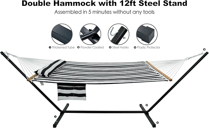 GAFETE 2 Person Hammock with Stand for Outside, Heavy Duty Steel Stand, Double 55inch Hammocks, Large Removable Pillow, Storage Bags, Max 475 lbs Capacity (Stripe Black-White)