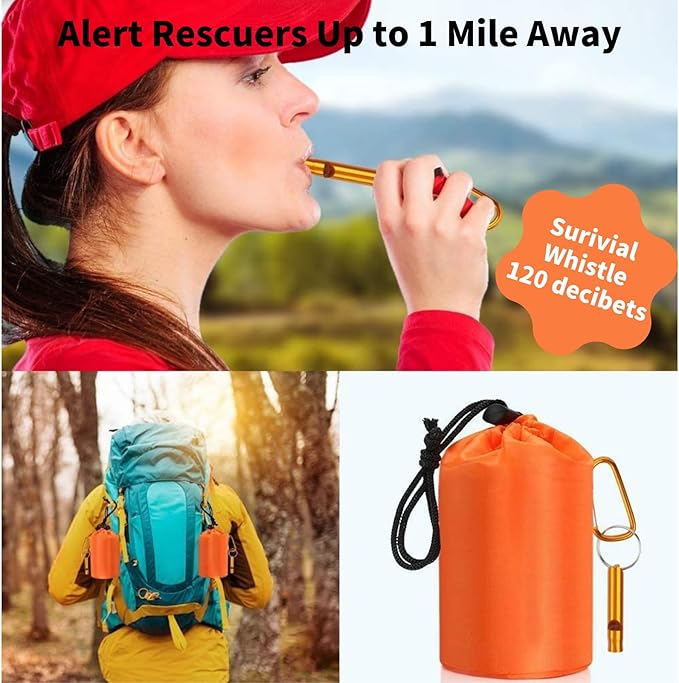 Emergency Sleeping Bag with Whistle, Portable Emergency Survival Bag, Lightweight Pocket Size Emergency Sleeping Bag, Waterproof Thermal Bivy Sack for Camping, Hiking