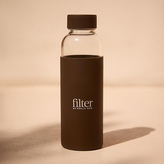 Filter by Molly-Mae Glass Water Bottle – 16.9 oz | Premium Reusable Glass Bottle with Rubber Grip Sleeve | Leakproof Water Bottle for Water, Juice & Cold Drinks | Stylish Sports Water Bottle for Gym