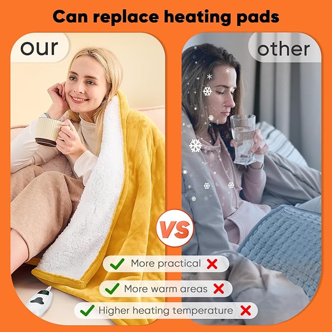 greenoak Heated Blanket Electric Twin 62"X84", Heating Blankets with 10 Levels 8 Hours Auto-Off,Soft Flannel Sherpa Fluffy House Warming Gifts for Grandma Seniors Mom,Ginger Yellow