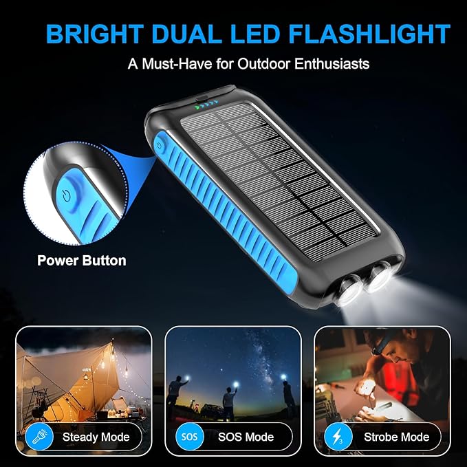 Solar Power Bank 49800mAh Portable Solar Phone Charger with LED Flashlight/15W Fast Charge USB C Waterproof External Backup Battery Pack for All Cell Phones & Electronic Devices