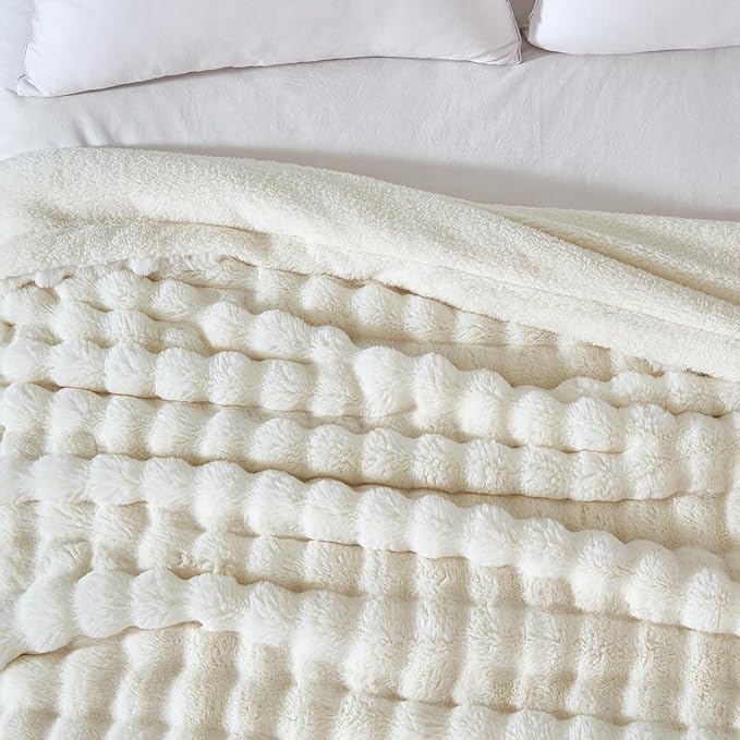 60x80 Inches Ultra-Soft Fuzzy Faux Fur Plush Twin Size Blanket - Thick, Warm Sherpa for Couch, Sofa, Bedroom, Camping - Decorative Blanket for Cozy Warmth, Bubble Ivory White