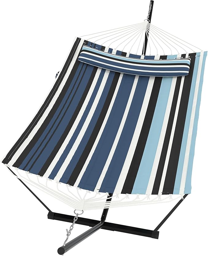 KYBOLT 2 Person Double Hammock with Stand & Pillow, 450 LBS Heavy Duty Outdoor Hammock with Balance Rope for Patio Backyard Poolside