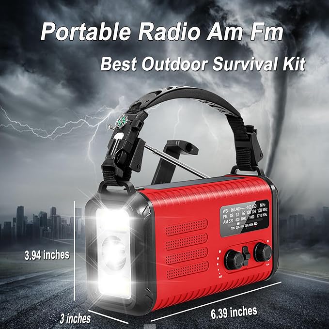 Emergency Hand Crank Radio, NOAA Weather Radio, 20000mAh Rechargeable Solar AM/FM Radio, Portable USB-C Fast Charger, Flashlight, Reading Lamp SOS Alarm for Hurricane Storm Camping Hiking (Red)
