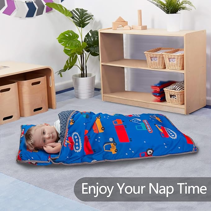 Primlect Thickened Toddler Nap Mat with Removable Pillow and Minky Blanket, Extra Large 55''x35'' Sleeping Bag, Washable, Roll up, Perfect for Daycare, Preschool, Kindergarten, Boys and Girls Blue Car