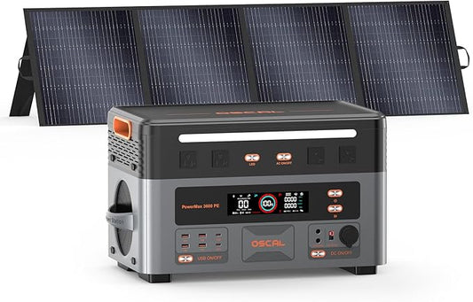 OSCAL 3600W Portable Power Station PowerMax 3600 PE with 200W Solar Panel, 2016Wh Solar Generator, 1500W AC Charging, LiFePO4 Battery Power Station for Home Use, Camping, RV, Emergency
