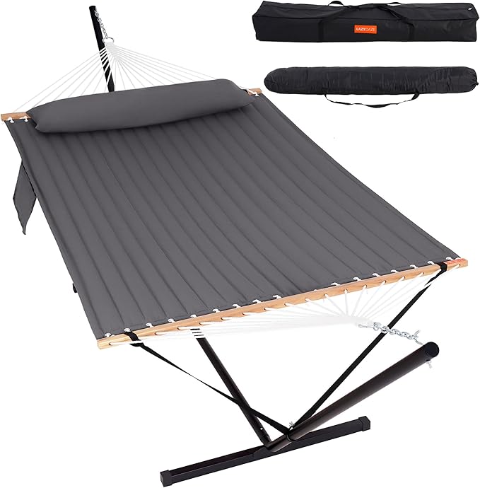 Lazy Daze Hammocks 2 Person Hammock with 12FT Stand for Outside, Quilted Double Hammock with Detachable Pillow, Balance Strap & Carrying Bag Included, 450lbs Capacity, Easy Tool-Free Assembly, Grey