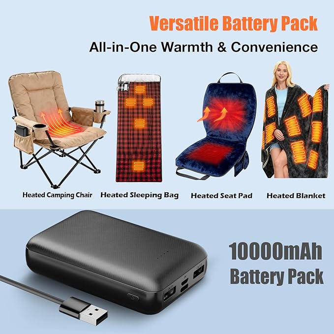 5V2A 10000mAh Battery Pack for Electric Heated Camping Chair, Heated Blanket, Heated Hunting Seat Pad, Heated Sleeping Bag USB Power Bank for Camping Work Battery Pack