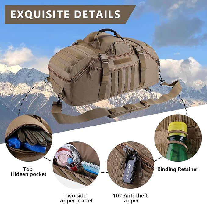 Hannibal Tactical 65L Large Duffle Bag, 3-in-1 Tactical Backpack MOLLE Pack for Sports, Gym, Outdoor, Coyote