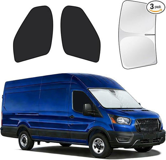 for Ford Transit 2015-2026 Windshield & Front Side Window Sun Shade, Privacy Window Shades Accessories for UV Blocker, 3Pcs Window Covers for Transit Van High and Medium Roof for Napping Camping