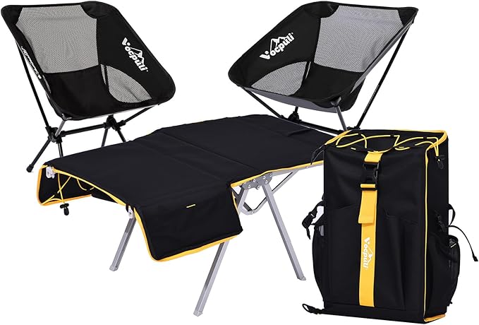 Camping Backpack - Aviation Aluminum Table Frame + 2 Folding Camping Chairs,+ Convertible Backpack Tabletop, Quick Setup&Portable,Camping Gear,Gifts for Camping, Picnic, Beach (Black)