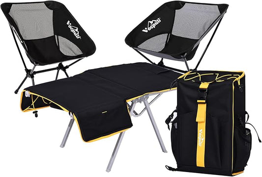 Camping Backpack - Aviation Aluminum Table Frame + 2 Folding Camping Chairs,+ Convertible Backpack Tabletop, Quick Setup&Portable,Camping Gear,Gifts for Camping, Picnic, Beach (Black)