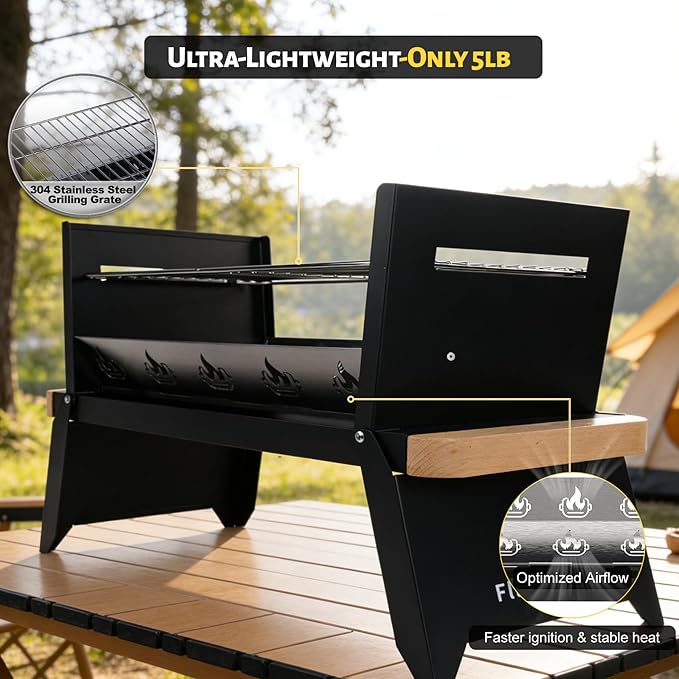 Nomad Portable Charcoal Grill – Ultra-Slim Folding BBQ for Outdoor Cooking, Camping & Travel | 304 Stainless Steel, Heat-Resistant Wood Handles, 3-sec Setup, Ready to serve 3-4 people