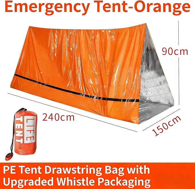 2 Person Emergency Survival Tube Tent, Waterproof Lightweight Shelter with Whistle, Paracord & 2 Thermal Blankets, Sun & Storm Protection for Camping, Hiking, Tornado & Bug Out Kit