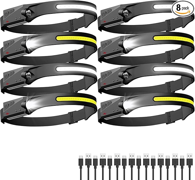 Headlamp Rechargeable 8 Pack, LED Headlight Flashlight Super Bright with 230° Wide Beam, 5 Modes Waterproof Head Lamp for Outdoor Hiking Running Camping