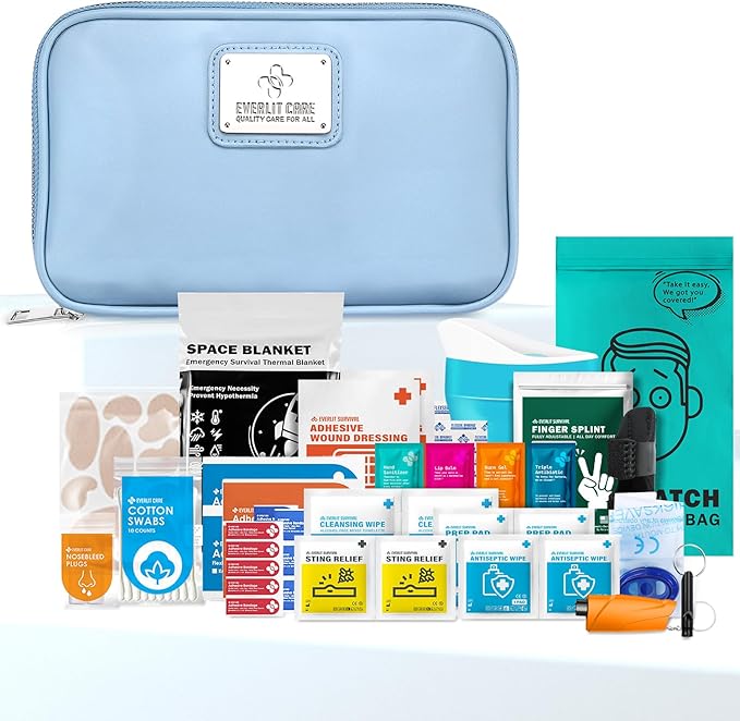 EVERLIT CARE Car First Aid Kit with Emergency Supplies Survival Gear Including Window Breaker Disposable Urine Bag Mountable Survival Kit for Family Travel in Car (Cyan)