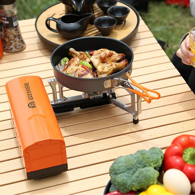 INFOOD Portable Butane Gas Camping Stove - 7500 BTU Compact Folding Design with Carry Bag for Backpacking, RV Trips, Picnic & Outdoor Indoor Cooking, Orange