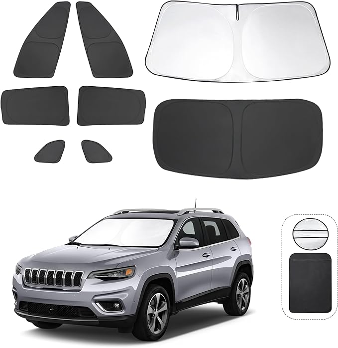 8PCS Windshield Sun Shade Custom Fit for 2014-2024 Jeep Cherokee Trailhawk,Overland, Limited, Latitude, Altitude Accessories Foldable Sunshade Side Rear Window Shade Cover Full Set Keeps Car Cool