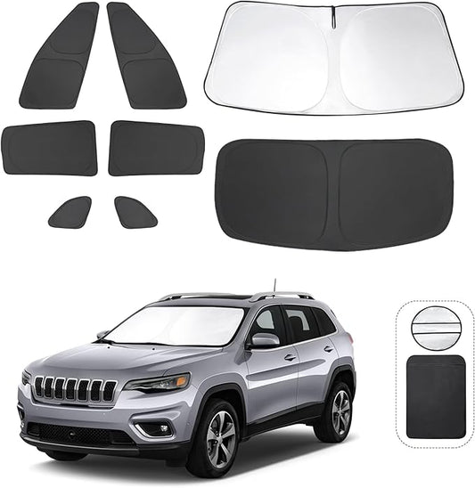 8PCS Windshield Sun Shade Custom Fit for 2014-2024 Jeep Cherokee Trailhawk,Overland, Limited, Latitude, Altitude Accessories Foldable Sunshade Side Rear Window Shade Cover Full Set Keeps Car Cool