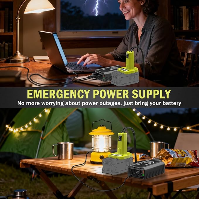 300W Power Inverter Compatible with Ryobi 18V Battery - DC 18V to AC 110V Battery Converter, Portable Power Station with PD 65W Type-C Fast Charging & 2 AC Outlet & 1 USB-A 18W Max