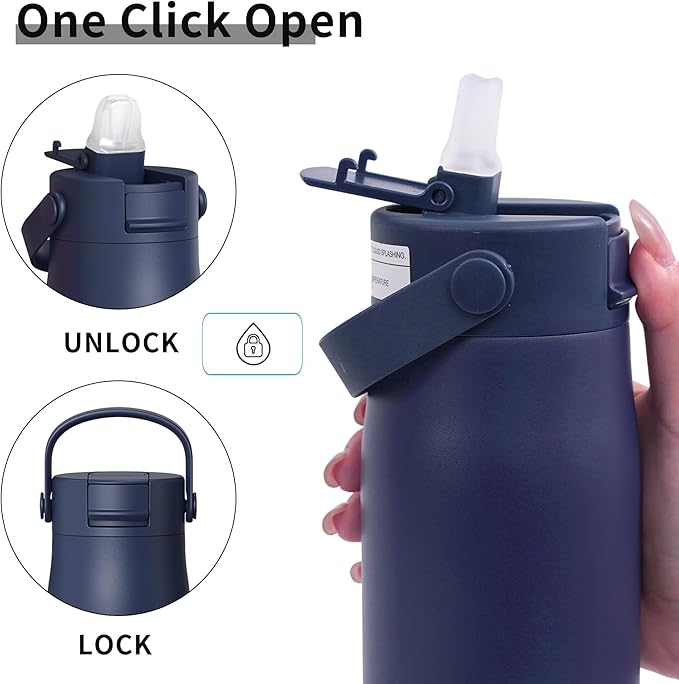 LISI 24oz Insulated Water Bottle, Double Wall Stainless Steel Water Bottles with Straw, 100% Leak-Proof Travel Thermal Canteen Mug with 2 Lids (Straw, Phone Holder Lid)
