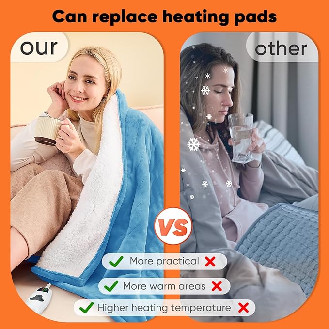 greenoak Heated Blanket Electric Throw 50"X60", Heating Blankets with 10 Heat Levels 8 Hours Auto-Off, Soft Flannel Sherpa Fluffy House Warming Gifts for Grandma Seniors Momt, Pale Blue