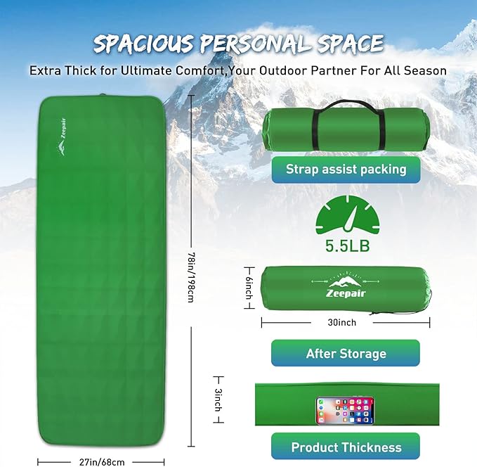Buheco Sleeping Pad for Camping, Self-Inflating 9.5 R Value 3" Ultra-Thick Memory Foam Comfort Plus Camping Mats for Backpacking Travelling & Hiking Portable Air Mattress for 4-Season Green