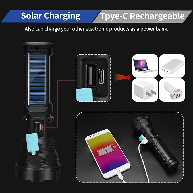 VOETIR Led Solar Flashlight, 1500 Lumens Led Solar Handheld Rechargeable Flashlights with IP65 Waterproof, 2000mAh Battery for Survival Emergencies Camping (4 Pack)
