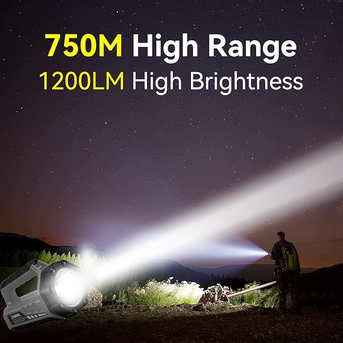 SUNREI Rechargeable LED 1500LM Flashlight, 8 Light Modes Portable Camping Lantern, 10400mAh Power Bank, IP67 Waterproof for Emergencies Power Outages, Hurricane Emergency, Hiking, Home, etc