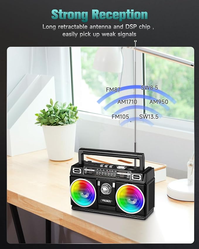 PRUNUS 750 AM FM Radio Portable with Bluetooth Dual Speakers, Gifts for Dad and Mom, USB/TF Card Playback, USB-C/Solar Rechargeable Radios, Bluetooth Radio, Transistor Radios Portable AM FM