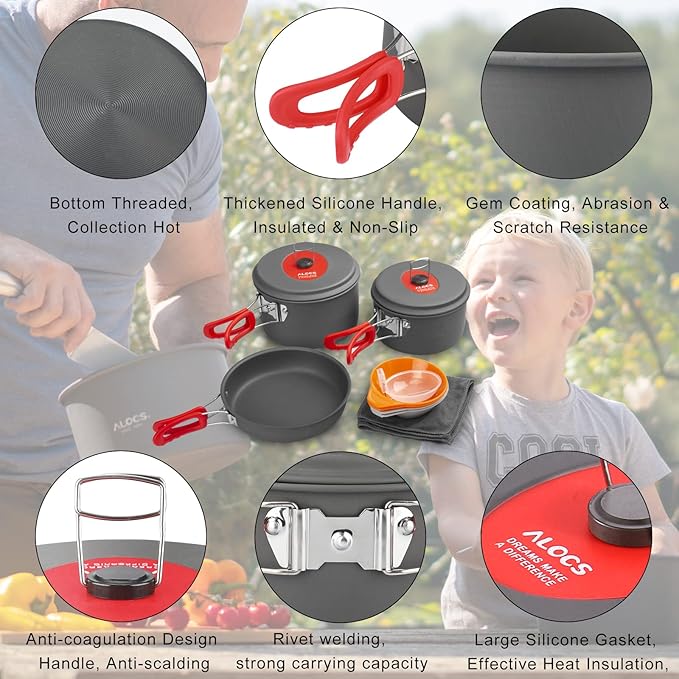 Alocs Camping Cookware, Portable Camping Essentials with Accessories, Camping Gear Camping Cooking Set for Outdoor Cooking, Backpacking, Hiking and Picnic.