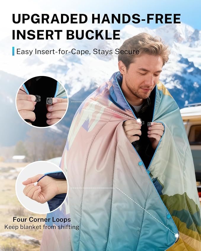 Gonex Camping Blanket with Aero-Warmth Breathable Layer - Puffy Printed Packable Blanket, Ultralight Wearable Water-Resistant Quilt, 79" X 55" for Camping, Beach, Hiking, Travel, Picnics (Landscape)