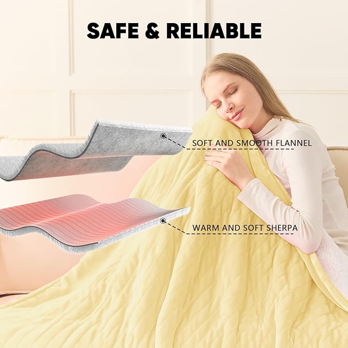 greenoak Heated Blanket Electric Twin 62"X84", Heating Blankets with 10 Levels 8 Hours Auto-Off, Soft Flannel Sherpa Fluffy House Warming Gifts for Grandma Seniors Mom,Cream Yellow