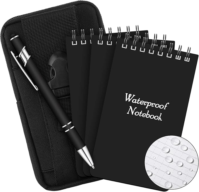 Eaasty Waterproof Notebook and Pen Set 3 x 5 Inch Pocket Tactical Notebook with 1 Metal Weatherproof Pen and 1 Fabric Cover for Outdoor Activities Recording(Black,5 Pcs)