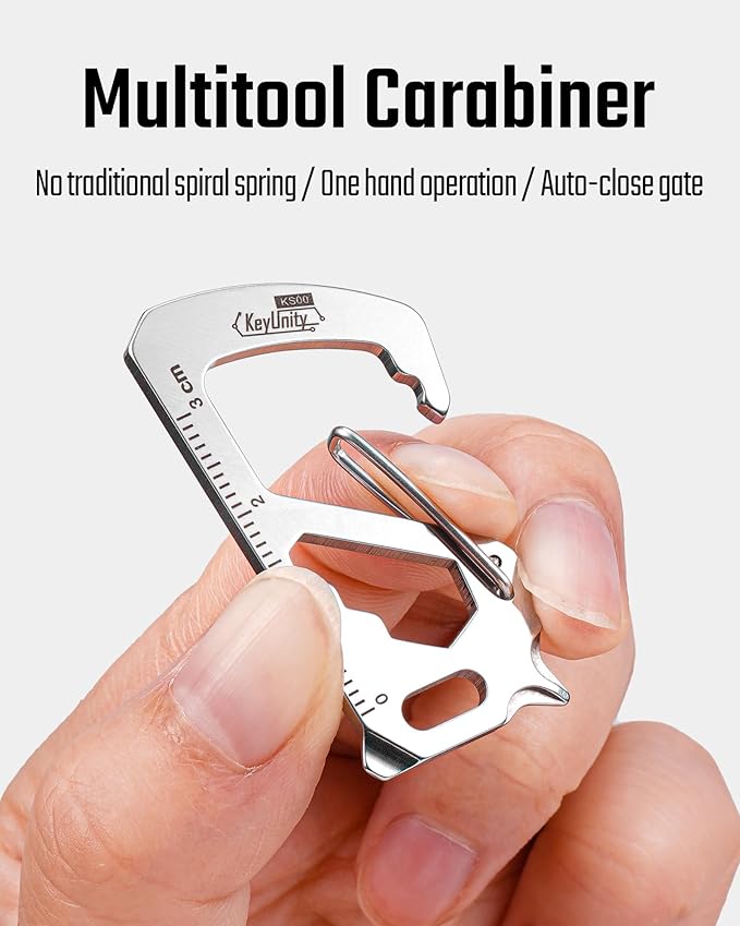 KeyUnity KS00S Carabiner Clip Multitool Stainless Steel 7 Tools in 1, Quick Release Clasp, Wrench, Cross Screwdriver, Slotted Screwdriver, Bottle Opener, Ruler, Key Holder (Silver,Small)