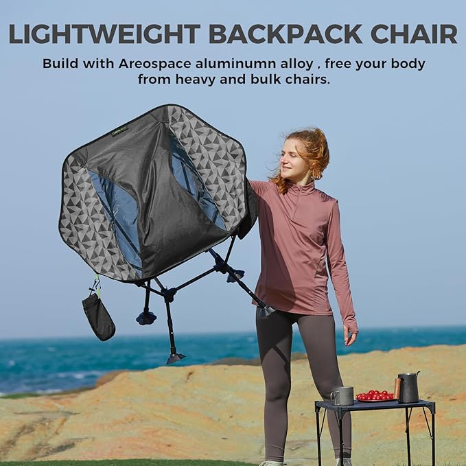 ATEPA UFO3.0 Ultralight Backpacking Chair, 330 lbs Heavy-Duty Aerospace Aluminum Folding Camp Chair with Hexagon Ergonomic Seat Anti-Sink Feet, Compact Portable Outdoor Gear for Hiking Fishing, Black