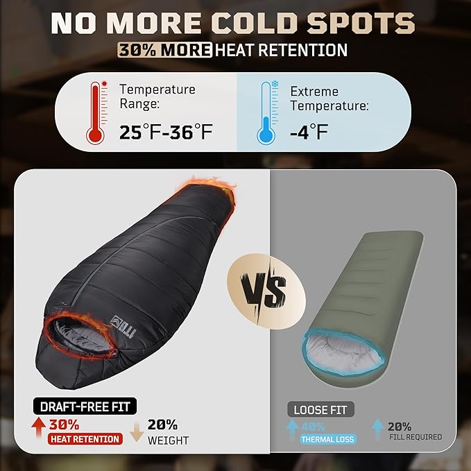 Mummy Sleeping Bag for Adults, 25℉-36℉ Cold Weather Backpacking Sleeping Bag, Lightweight 3-4 Season Winter Camp Bag with Adjustable Hood & Compression Sack, Machine Washable