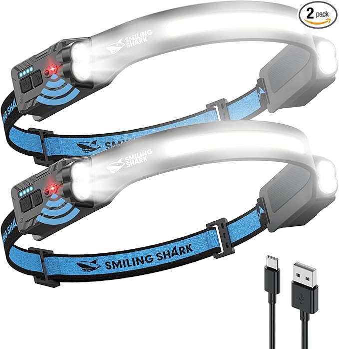 Smiling Shark TD-0123-S Headlamp, 2-Pack 2400mAh Ultra-Bright Head Lamp Flashlight Rechargeable with Multi-Mode LED Head Lamp with 270°Rotated for Outdoor, Camping, Hiking