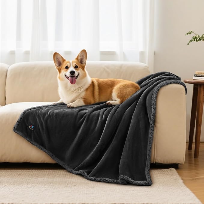 Luciphia Waterproof Bed Blanket Washable,Soft Sherpa Fleece Puppy Reversible Throw Blankets for Small Medium Dog Cat,Furniture Cover Protector Couch Bed from Liquid Pee and Pet Fur, Black,57" x 40"