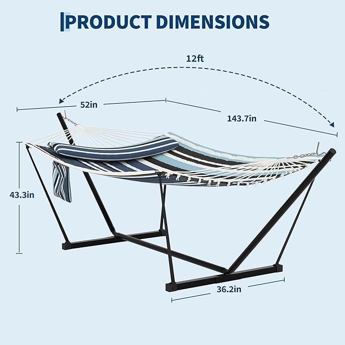 KYBOLT 2 Person Double Hammock with Stand & Pillow, 450 LBS Heavy Duty Outdoor Hammock with Balance Rope for Patio Backyard Poolside