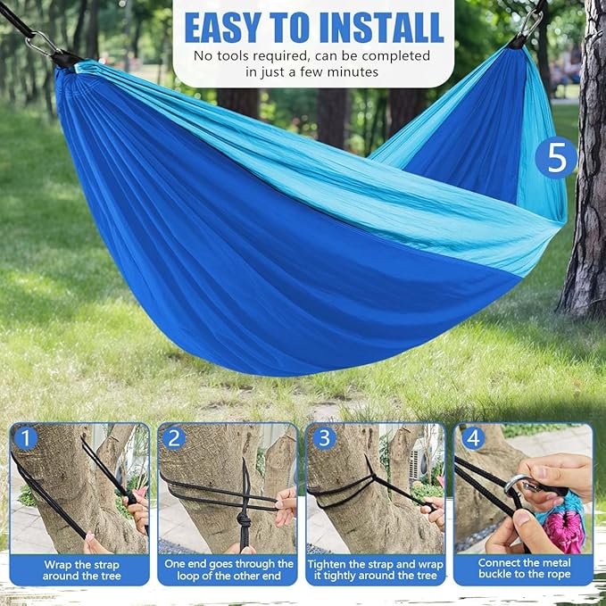 OBTANIM Camping Hammock 500lbs Portable Lightweight Single or Double Hammock with Tree Straps and Carry Bag for Camping Backpacking Hiking Travel Beach Outdoor Indoor (Blue and Dark Blue)