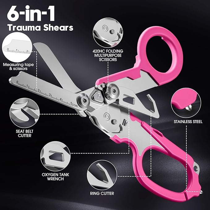 6-in-1 trauma shears - emergency responders, outdoor emergencies, medical staff, and outdoor camping, Gift box packaging with scissors storage K sheaths (pink)